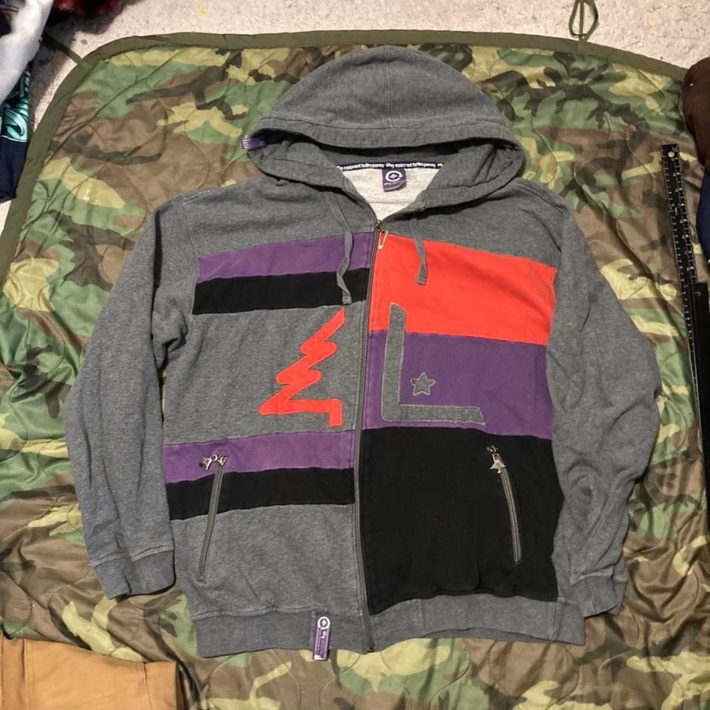 Lrg full zip embroidered color block‎ hoodie vtg y2k